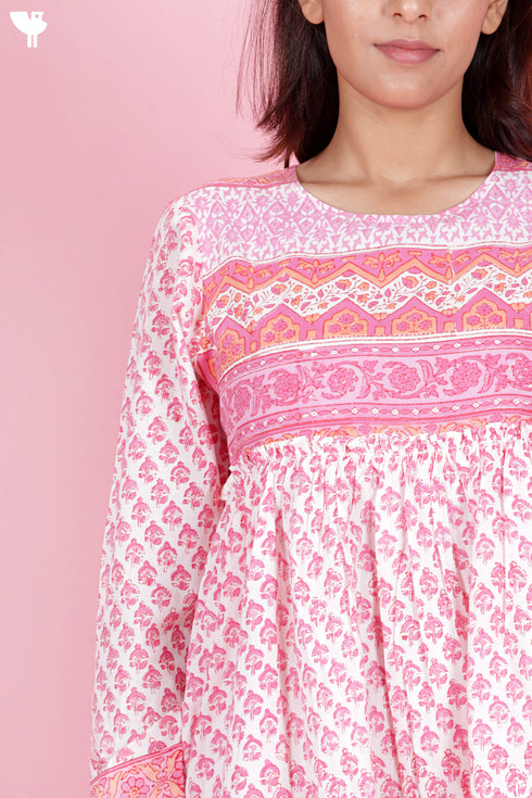 Cambric Cotton Short Tiered Dress In Block Print
